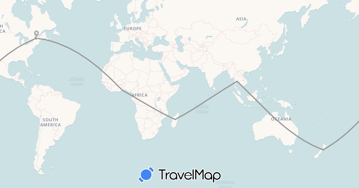 TravelMap itinerary: driving, plane in Canada, Madagascar, New Zealand, Togo, Thailand (Africa, Asia, North America, Oceania)
